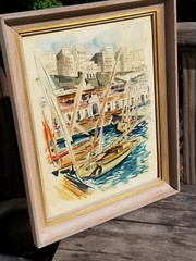 VINTAGE ORIGINAL FRAMED OIL PAINTING SAILBOATS EUROPEAN WATER WAY 18.75 X 15 „