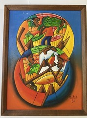 Haitian Abstract Folkart Painting By Nelson 1980 Framed 17” X 13” Inch