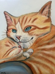 Original oil painting 11 x 14 inches orange tabby cat snuggling baby kitten