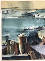 Signed Adele Giles Mid Century WC Of A Rocky Beach 16” X 18 1/2”