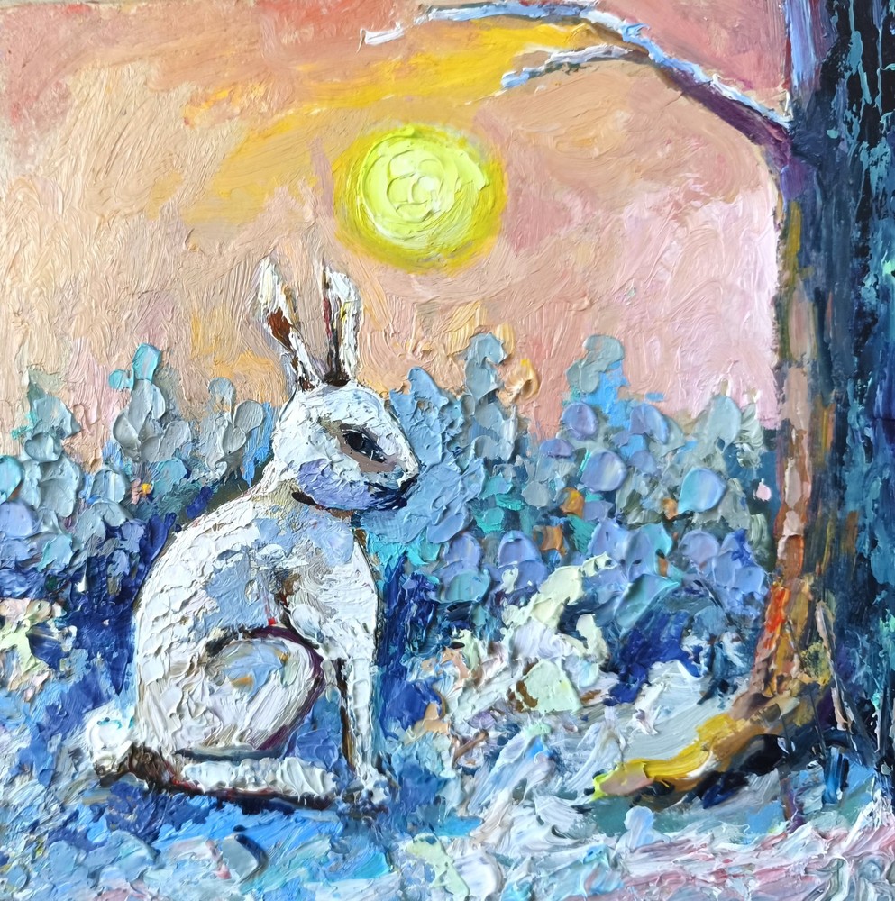 Original Oil Painting White Rabbit on Panel 6×6 Impasto Art Forest Sunset Scene