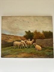 Antique Painting 1920’s Landscape Sheep Nature Signed Listed Famous Oil Canvas
