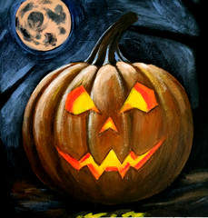 Pumpkin Halloween Moon Night forest Sky Original acrylic painting. Wall decor.