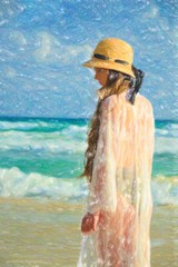 art comtenporary, sky, woman, conceptual, colors, vintage, sea, blue, hat, girl