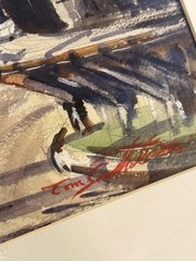 Vintage Original Horse Racing Racetrack Watercolor Painting by Tom Sutherland