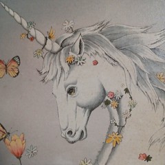 Vintage 8×10 Oil Painting Casandra signed Artistic Unicorn Flowers Butterfly