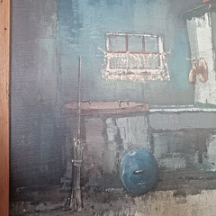 Signed Oil Painting Still Life Rustic Dry Sink Folk Art Farmhouse 21×25″ Framed