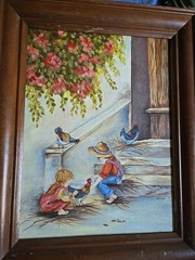 Vtg Farm Scene Oil Painting Children Feeding Chickens Signed Wood Framed Friends