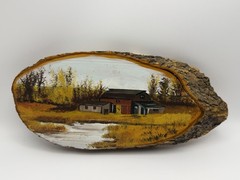 Nona Jensen Hand Painted Wood Slice Rustic Barn Landscape Wall Art Signed 12.75”