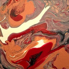 Original Fluid Art 5×5 Mini Abstract Painting Acrylic Pour Red Orange Cream