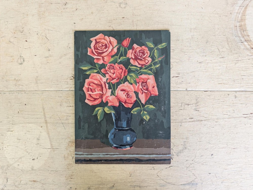 Vtg 1965 Paint By Numbers Rose Bouquet Oil Painting On Board Mid Century PBN Oil