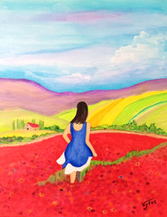 Woman in Poppy Field Original Acrylic Painting Canvas Signed Vytas 16×20 Wall Ar