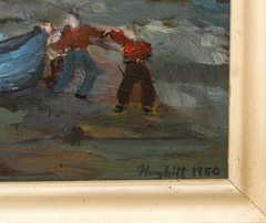 Mid Century Expressionist River/Bridge Fishing Painting, Signed and Dated 1950