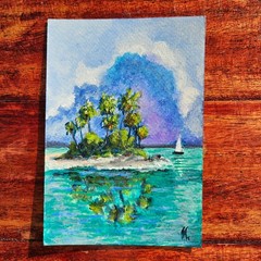 Beach Island Painting Tropical Seascape Palm Trees Ocean Landscape Art Postcard