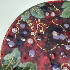 Vintage Enamel On Copper 6” Plate Trinket Dish Wall Decor Grapes Leaf Motif