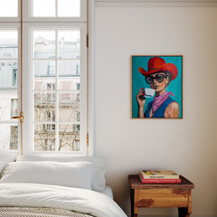 Coastal Cowgirl Pop Art Original Painting 60×80 Red Hat Coffee Woman Portrait