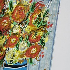 ACEO Original Painting Orange Flowers in Blue Vase Mothers Day Spring AMBER K