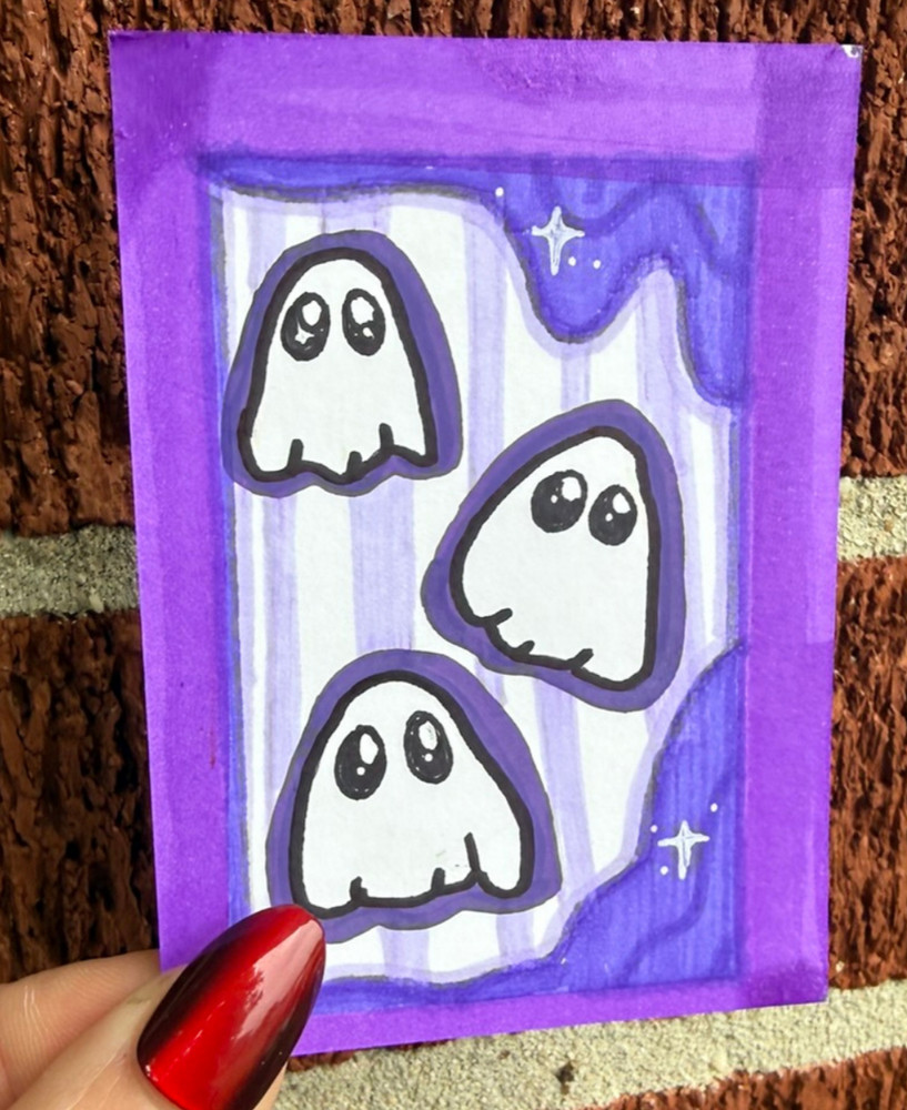 ACEO Original Painting Art Ghost Purple Halloween Spooky 2.5 x 3.5 TWE