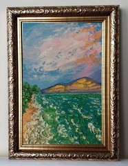 Framed Green Sea Seacoast Sunset Sky Seascape 4×6” Impasto Oil Painting Original