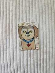 ORIGINAL ACEO Folk Art Painting Cute Dog Canine Heart Collar Portrait Fluffy