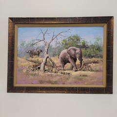 A. Missi African Wildlife Oil Paintings Set of 2 Elephant Rhino Framed Art
