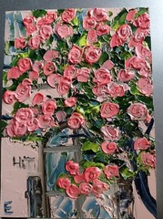 Original Oil Painting Rose bush Tree Nature Flowers Landscape Art 7 x 5″