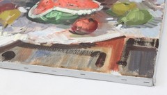 22×28 Mid Century Vintage Oil Painting Still Life Fruit Watermelon Wine Bottle