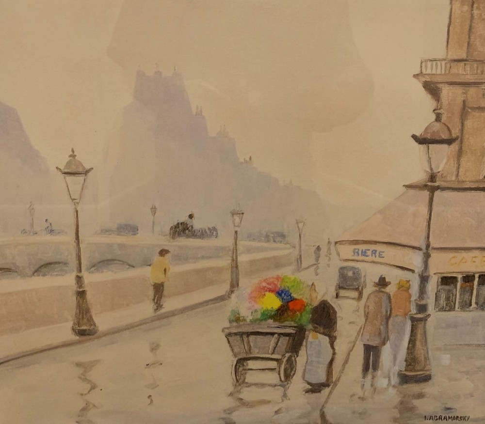 Israel Abramofsky Gouache European Street Scene Listed Russian American Nice