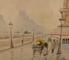 Israel Abramofsky Gouache European Street Scene Listed Russian American Nice