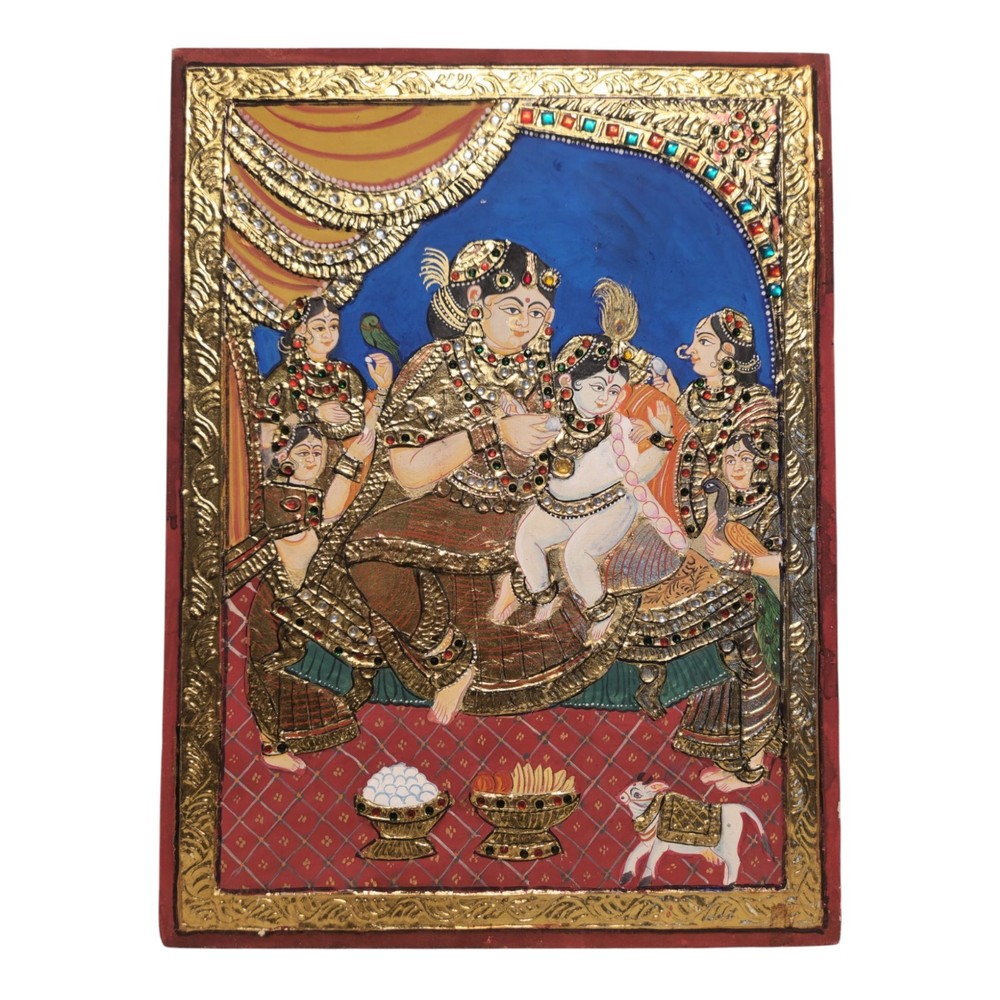 Tanjore Indian painting Krishna Yashoda Tanjore art small Size 12×16 Inch