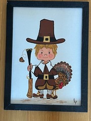 Original Artist Signed Oil Painting of Cute Boy Pilgrim w Thanksgiving Turkey &