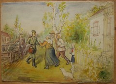 Ukrainian Soviet USSR watercolor Painting realism soldier after war WW2