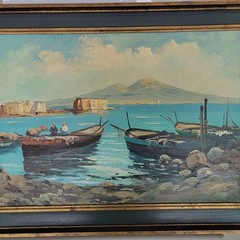 Mid-Century Italian School Oil Painting of Gulf of Naples with Vesuvius, Signed