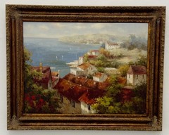 Marvelous Oil on Canvas The Mediterranean Scenery Painting On Gold Wooden Framed