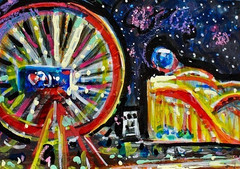ORIGINAL ACEO Painting CARNIVAL Fair Amusement Park Ocean City Rides Fun ATC ART