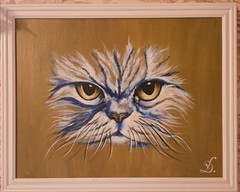 A hand-painted canvas depicting a cat in a modern artistic style in oil