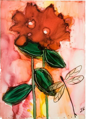 ACEO Original Alcohol Ink: Red Flowers & Dragonfly (darker) by Lynne Kohler