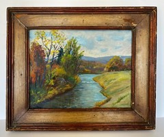 c1954 European Oil on Canvas Fall Landscape River, Stretcher 18″ x 15″