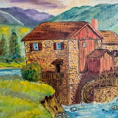 Vintage DeMarko Signed Oil Painting Landscape Water Mill River Mountains 20×13.5