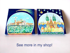 Whimsical Prague Original Oil Painting, Folk Art Cityscape Oil on Canvas 6×6 in