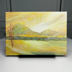 Aurora Mountain Sunrise Acrylic Painting by Deb Bossert Artworks, 5 x 7