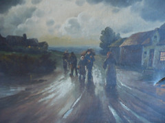 R. HAIL, EUROPEAN SCHOOL ANTIQUE OLD OIL PAINTING MOODY LANDSCAPE FIGURES SUNSET