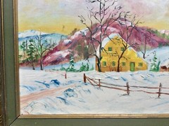 Vintage 1965 Primitive Grandma Moses Style winter oil painting by L Doucette