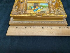 VTG Baroque Ornate Miniature Hand Painted Oil Painting Framed Chickens 7x6x1 3/8