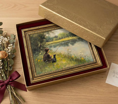 Vintage Gold Framed Wall Art Boy Fishing Country Painting Picture Peaceful Lake