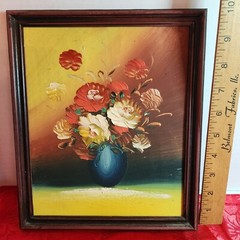 painting-flowers in vase 9 x 10, vintage plastic frame, vibrant colors