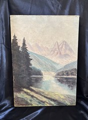 VTG Rustic Mountain Lake Oil Painting Canvas Wall Art Cabin Lodge Decor 20×27”