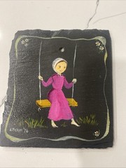 Vtg Folk Art Slate Painting Girl On Swing Hanging 5” Signed by Artist 1976