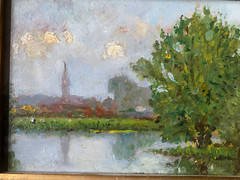 Impressionist Around 1900 Gold Frame Church By The River Summer Day Water