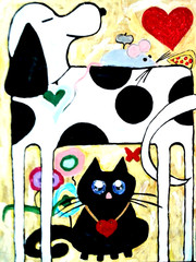 Original painting Dog Cat Mouse impressionist modern art 18x24x1 large by pb